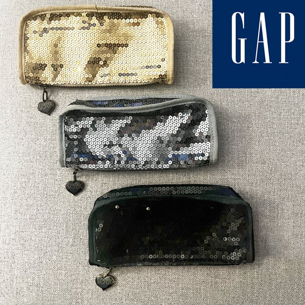 NWOT Gap Gold, Black, & Silver Sequin LOVE Cosmetic Make-up Bags / Pencil Cases
